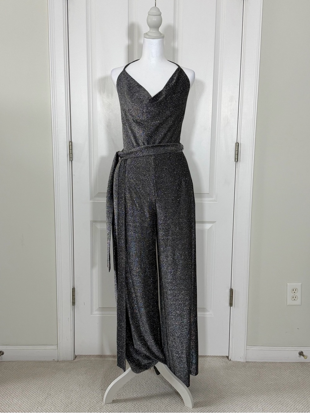 New York & Company Sparkle Black Cowl-Neck Jumpsuit with Belt